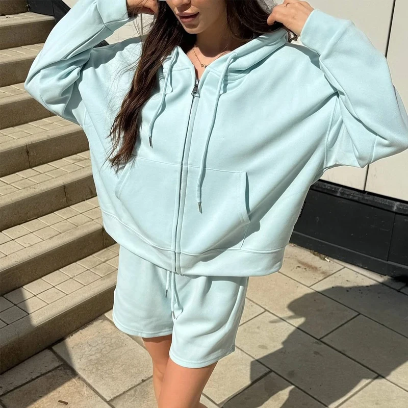Spring Women's Sport Suit With Shorts Oversize Zipper Long Sleeve Top Korean Style Two Piece Set Tracksuit Autumn Casual Outfits