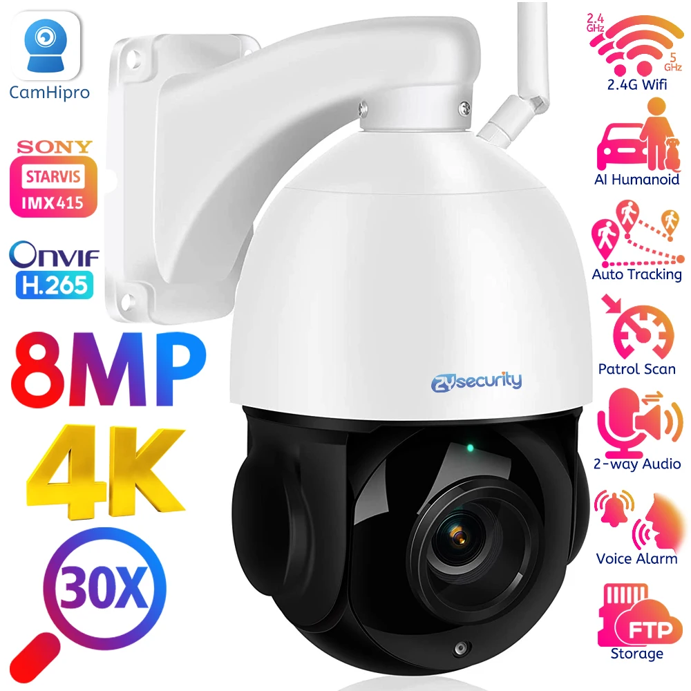 4K 8MP WiFi Security Camera ​Outdoor Wireless 30X Zoom Humanoid Tracking PTZ Camera Onvif 2-Way Talk IR Night Wired Surveillance