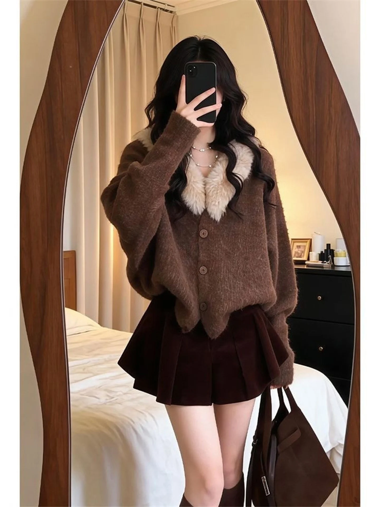 Retro Korean Coffee Knitted Sweater Coat Women's Loose Fashion Open Cardigan Top Warm Long Sleeve  Body Fit Single Piece