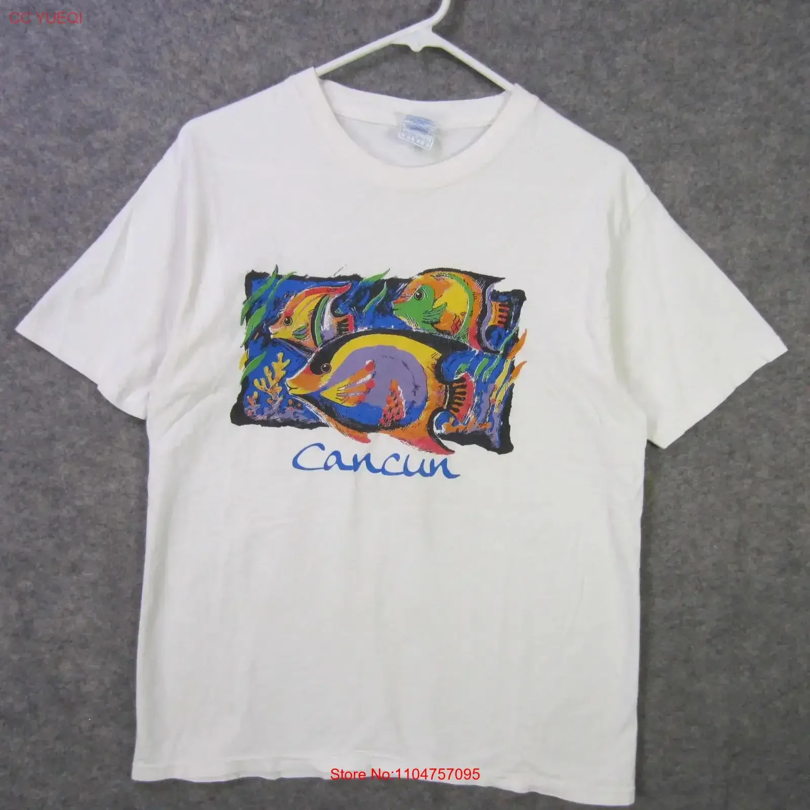 Camiseta Cancun para hombre, talla mediana, con diseño de peces coloridos, recuerdo de vacaciones, Yazbek, vintage, lavada, ropa de diseñador, moda, versátil, elegante
