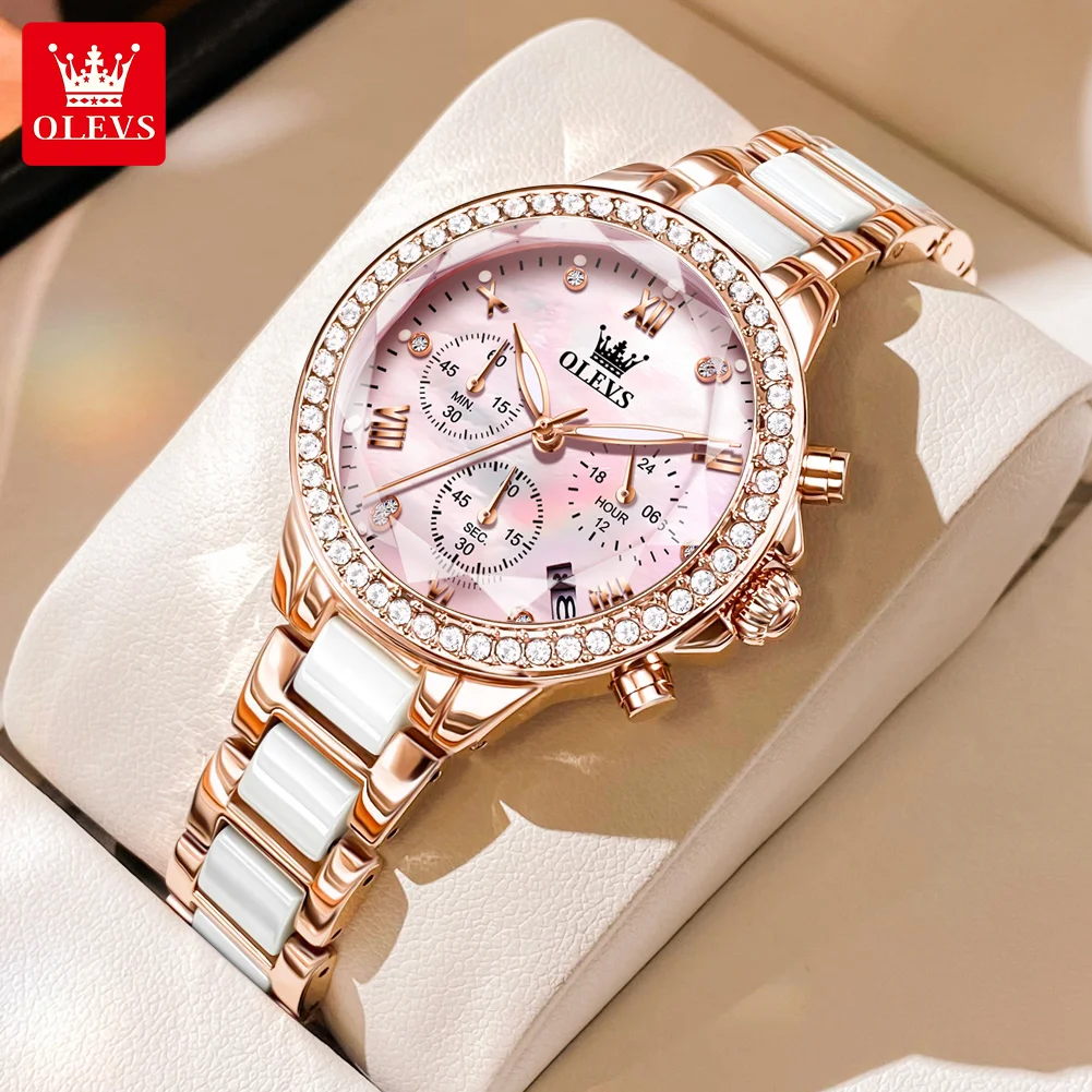 OLEVS 9999 Watch For Women Luxury Rhombus Mirror Quartz Woman Watch Ceramic Steel Strap Chronograph Date Waterproof Wristwatches