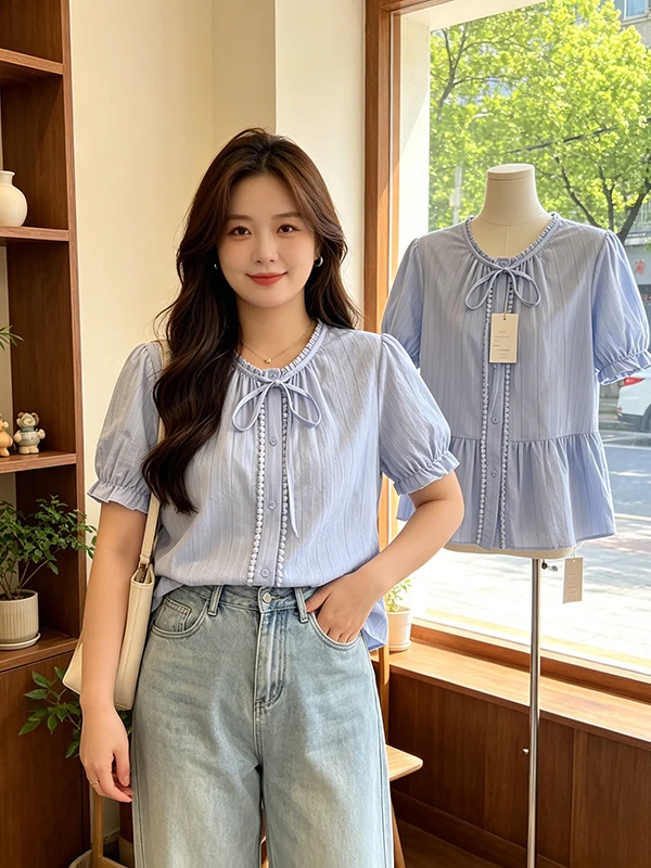 

plus Size Bubble Short Sleeve Blouse Women Summer Slimming Belly Cover Design Lace Flower Top Korean Style Commute Wind