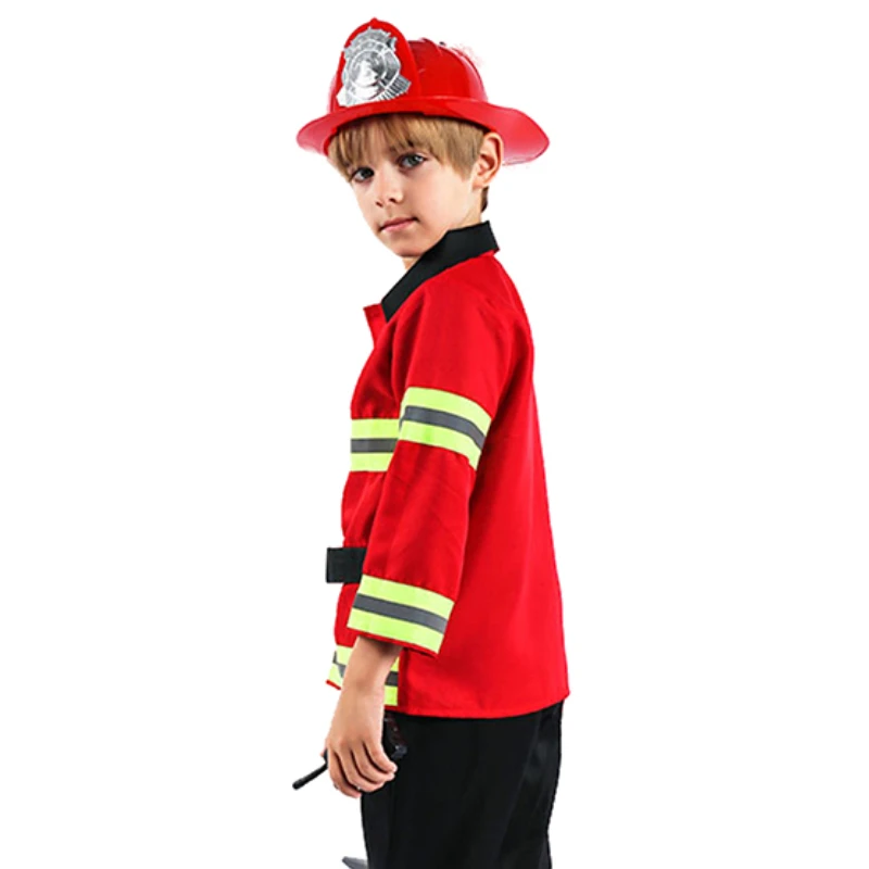 Children Fireman Costume for Kids Cosplay Role Play Professional Experience Clothing Uniform Holliday Costumes Clothes +Tool Set