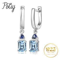 Potiy Total 2.5ct Emerald Cut Natural Sky Blue Topaz Dangle Drop Earrings 925 Sterling Silver for Women Gemstone Fine Jewelry