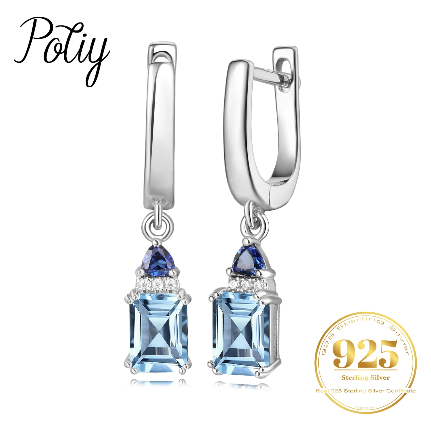 Kolczyki wiszące Potiy z naturalnym topazem błękitnym o szlifie szmaragdowym, łącznie 2.5 ct, wykonane ze srebra próby 925, dla kobiet, biżuteria z kamieniami szlachetnymi.