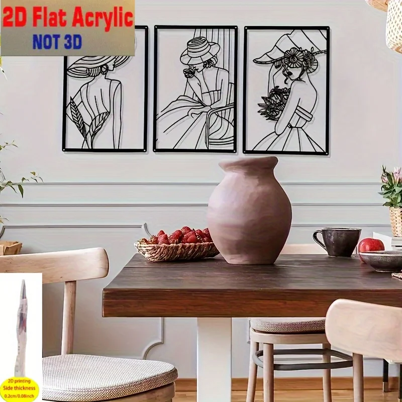 2D Flat, 2D Flat, 2D Flat Printing, 3pcs Acrylic Abstract Female Wall Art - Minimalist Line Drawing Black And White Silhouette,