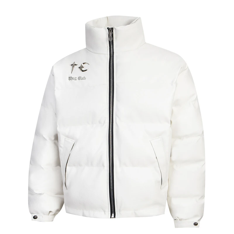 

Korea Trend Thug Club Jackets Metal Logo Windproof Leather Jacket Thick Standing Collar Men's Women's Keep Warm Coat