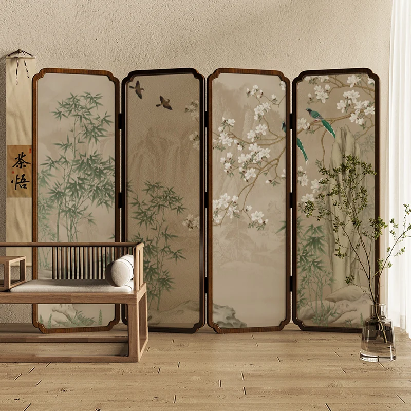 New Chinese style solid wood folding screen partition, living room, restaurant, mobile flower and bird picture