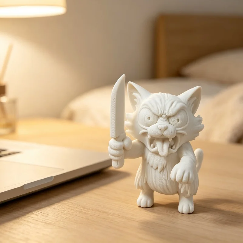 3D‑Printed Plastic Angry Cat Figurine, Fierce Kitty Holding Knife Sculpture, Unique Creative Animal Model Office Desktop Decor