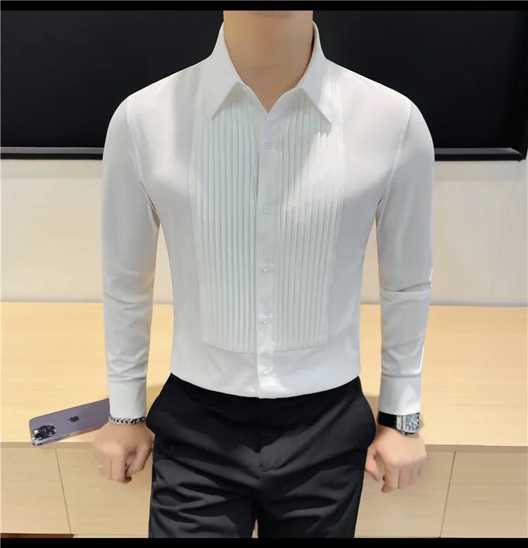 Wedding Long Sleeve Shirt Groom Man New Solid Color Pleated Design All Match Business Casual Shirt Men's Dress Shirts 2025 Top