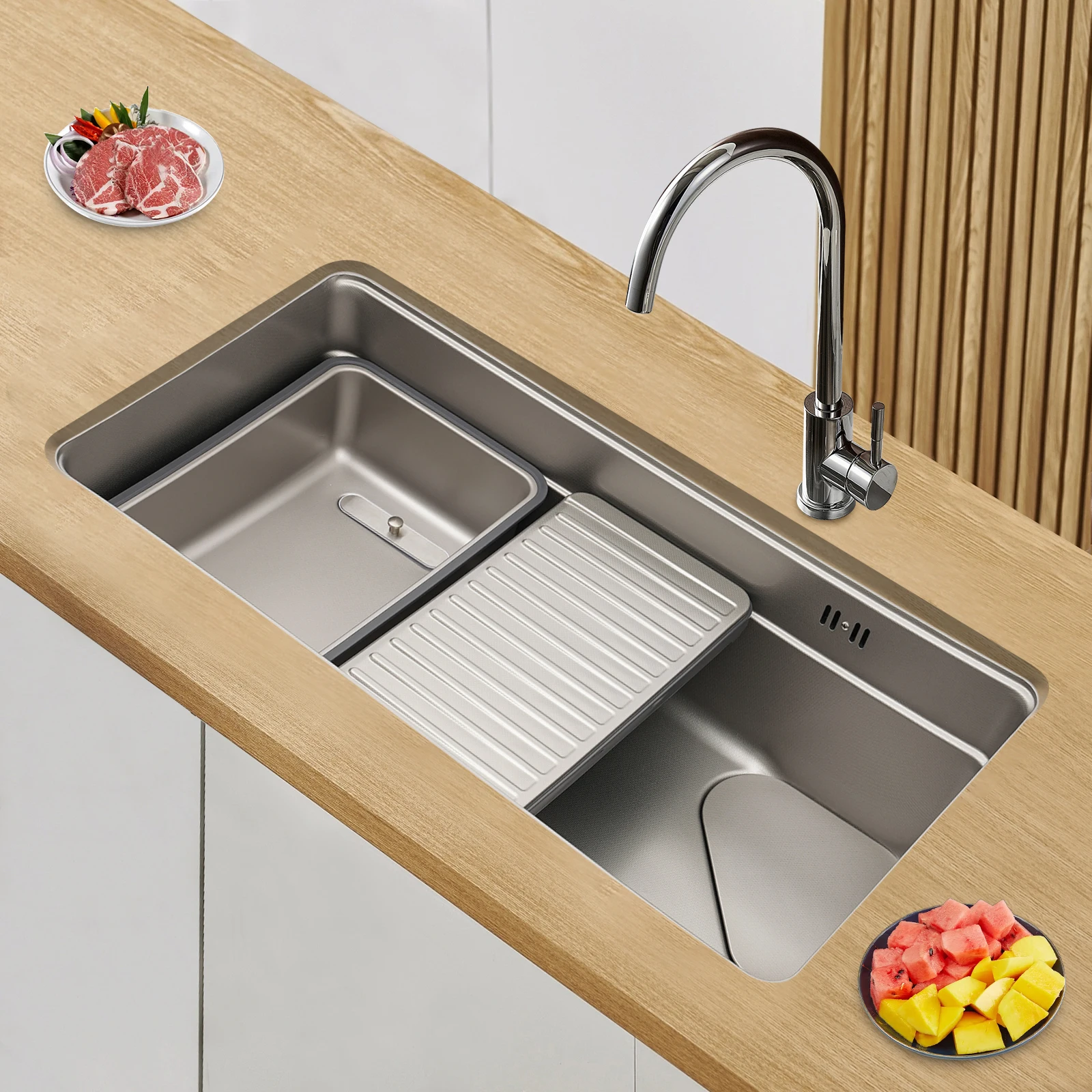 760X430mm 304 حوض مطبخ ستنلس ستيل الفضة وعاء واحد قطرة في شرفة المطبخ بالوعة أنابيب الصرف #4