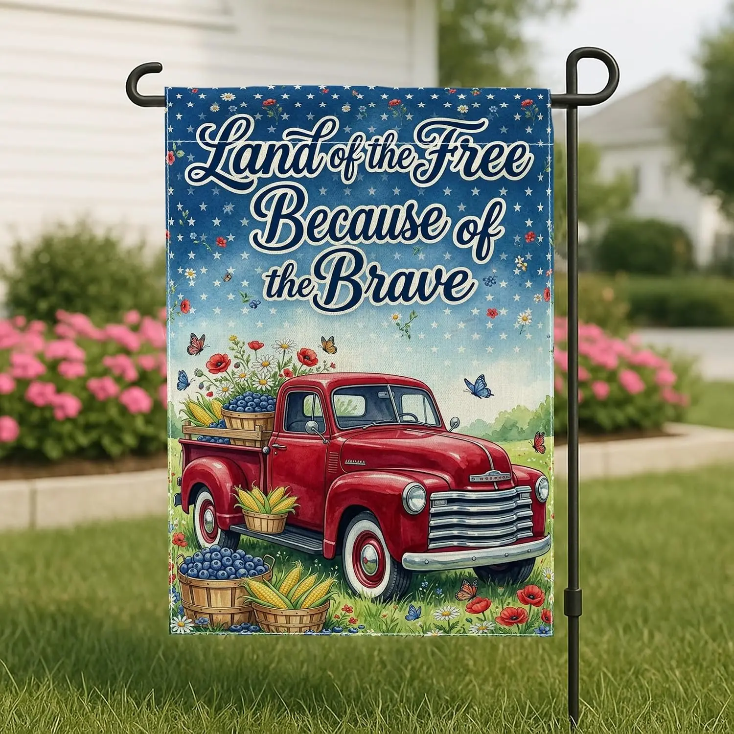 Truck Garden Flag, Rustic Vintage Flowers Stars Summer Red Double Sided Burlap Small Garden Yard Flag for Outdoor Patio Lawn yyi
