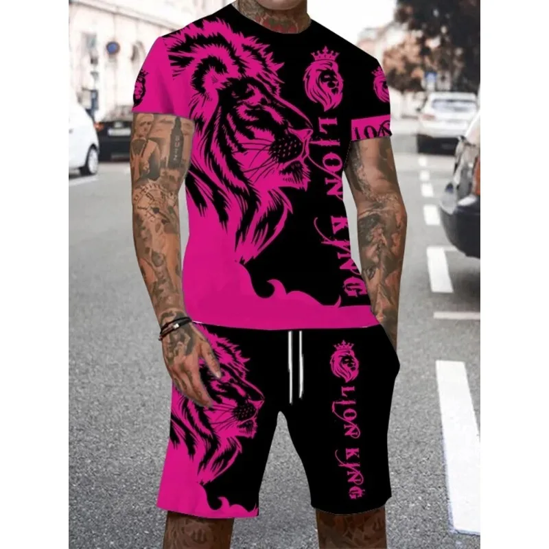 

2025 New Men's Summer Casual Daily Short Sleeve and Shorts Set Cool Lion King 3D Printed Round Neck Comfortable Two Piece Set