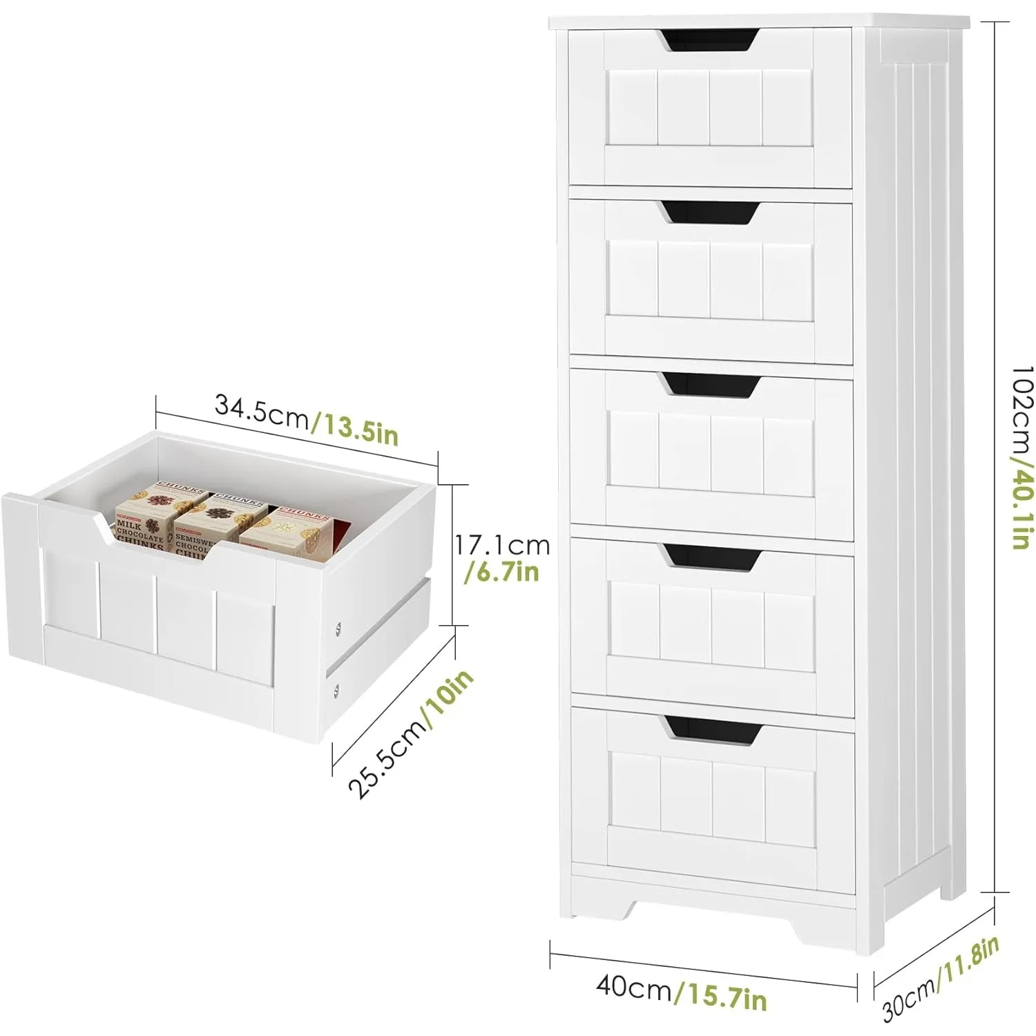 Bathroom Floor Cabinet with 5 Drawer Dresser, with Avoid-Tipping Device, White, Freestanding Side Tall Storage Cabinet Narrow