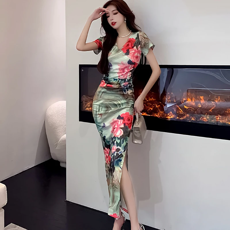 Summer Boho Floral Short Sleeve V-Neck Casual Dress Women Elegant Holiday Prom Dress 2024 Korean Fashion Bodcyon Evening Dresses