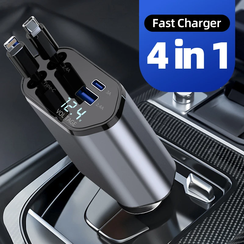 

Выдвижной кабель Автомобильное зарядное устройство QC USB-порта Адаптер для быстрой зарядки Совместимое зарядное устройство для телефона для iPhone Samsung Xiaomi 5 в 1