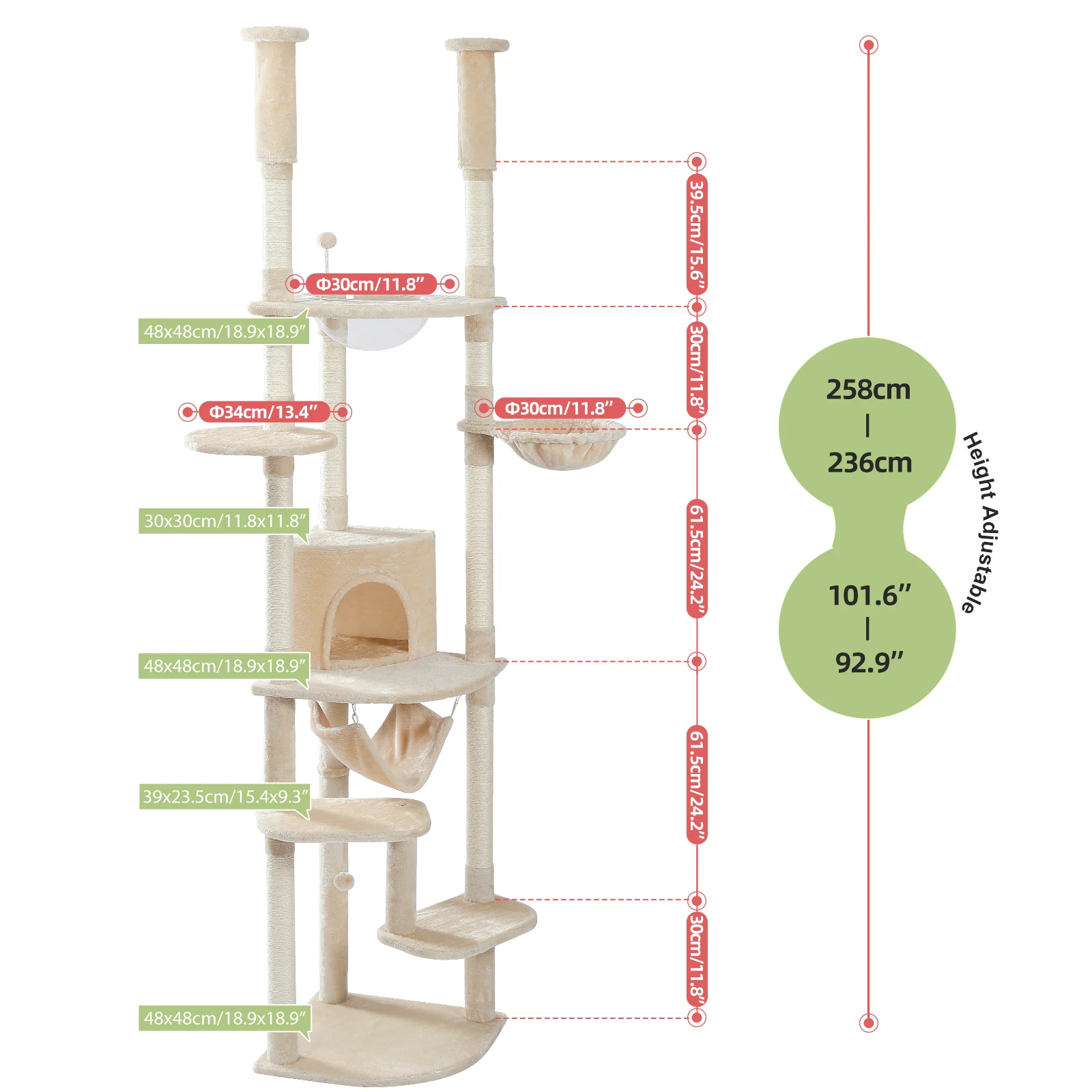 PAWZ Road Vom Boden bis zur Decke reichender Kratzbaum mit Sisal-Kratzbäumen, gemütliche Eigentumswohnungshängematte, höhenverstellbarer hoher Katzenturm für Katzenspielzeug im Innenbereich 9