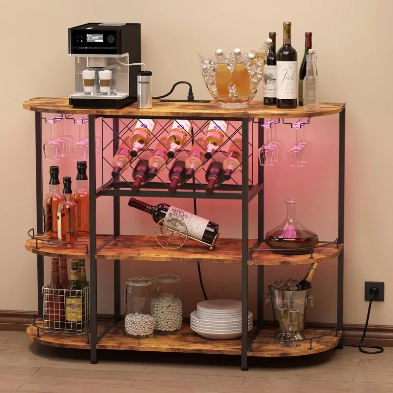 Armoire à vin, Table de chariot de Bar avec prise de courant et lumière LED, Table de Bar basse à trois niveaux, casier à vin, Bar Liqour avec grand