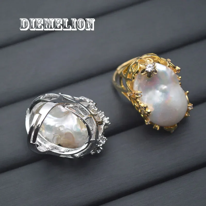 خاتم لؤلؤي كبير غير منتظم للمياه العذبة الطبيعية على الموضة الفاخرة لون ذهبي/فضي خواتم مبالغ فيها قابلة للتغيير للنساء #4