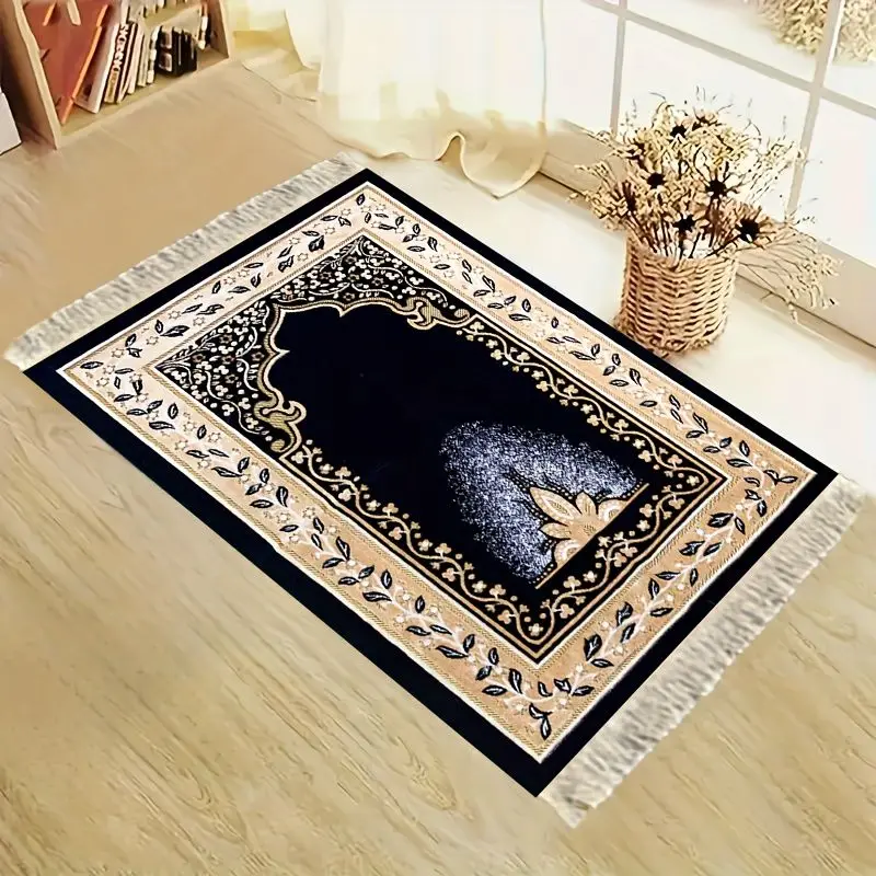 VIKAMA Luxury Black Gold Islamic Prayer Mat, Soft Non-Slip Fringed Prayer Rug, Hajj Umrah Ibadah Janamaz, Eid Gift Home Decor