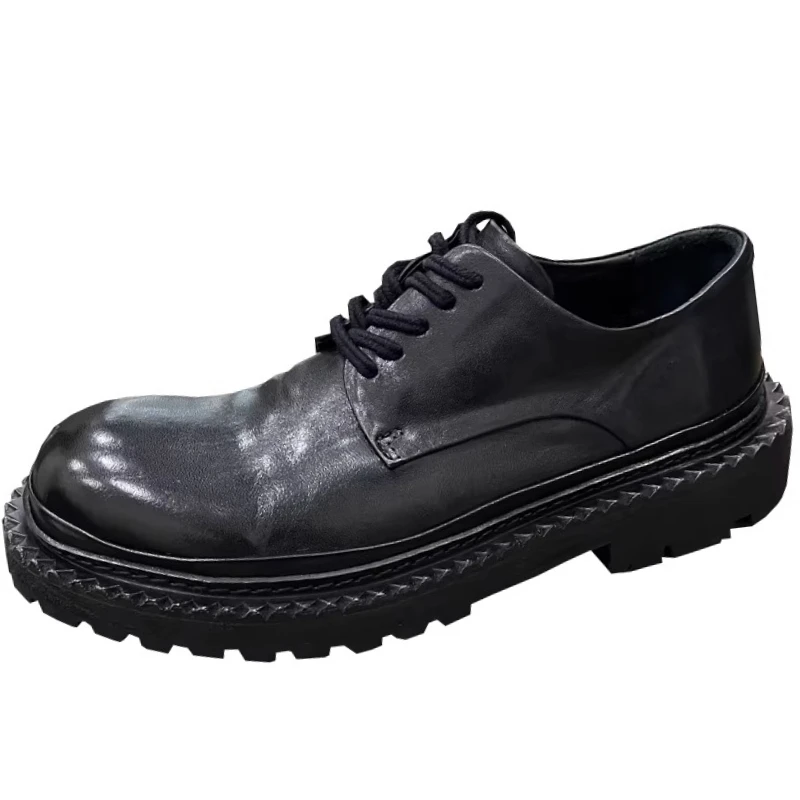 Italian Style Handmade Horseskin Wavy Stripe Derby Shoes for Men's Dress Shoes Casual Thick Leather Soled Height Increasing Shoe