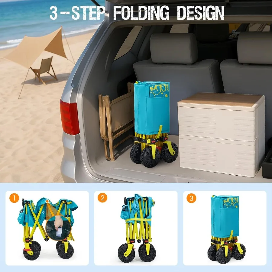 รถเข็นชายหาดขนาดใหญ่พิเศษ 49 ลิตร พร้อมฝาปิดท้าย ล้อใหญ่มีเบรกสำหรับทราย รถเข็นอเนกประสงค์แบบพับได้ รถเข็นชายหาดแบบพับได้สำหรับงานหนัก