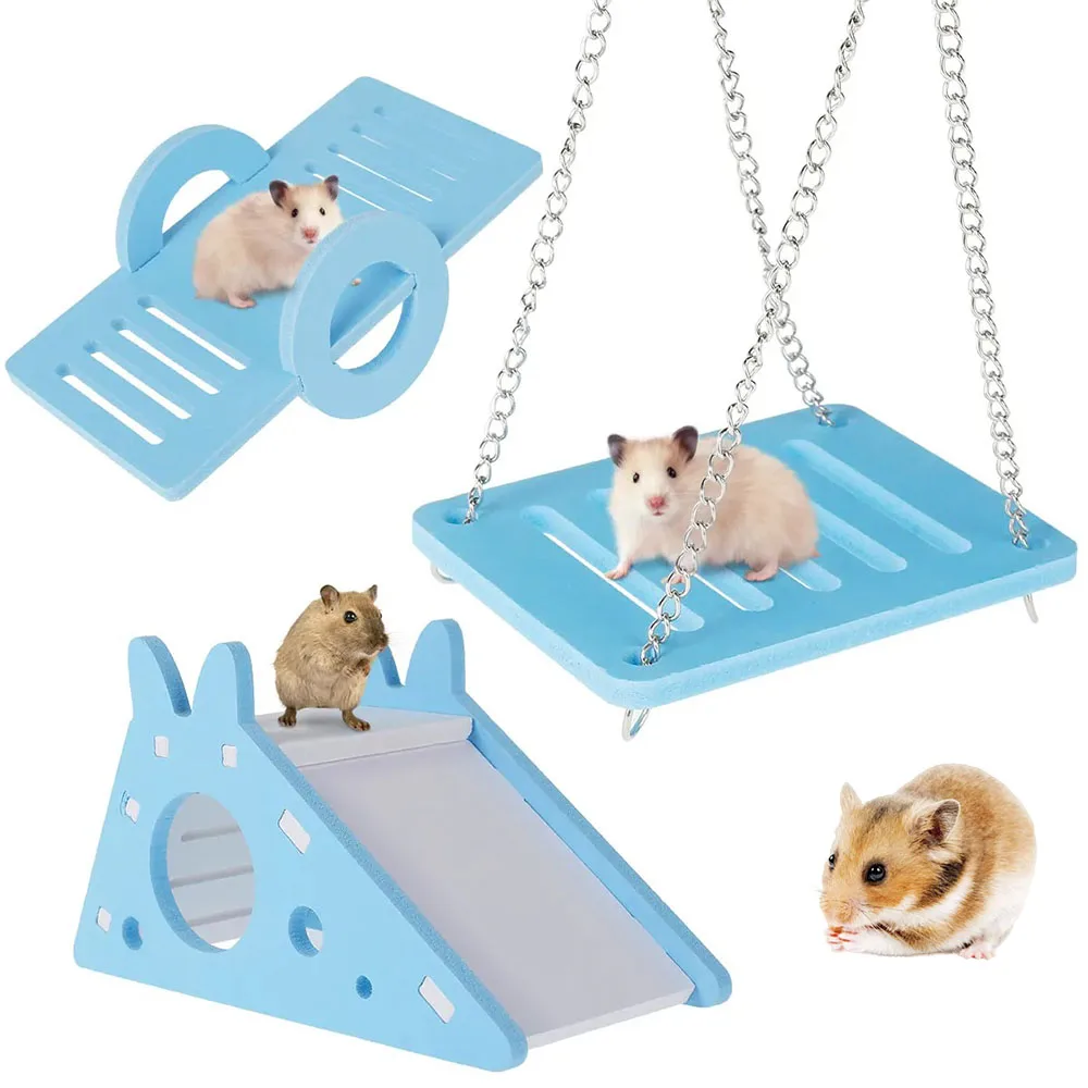 3Pcs Hamster Play Toy Blue Seesaw Ladder Parrot Small Swing Hanging Chain Easy Assembly Hamster Toy Set Hamster Cage Accessories