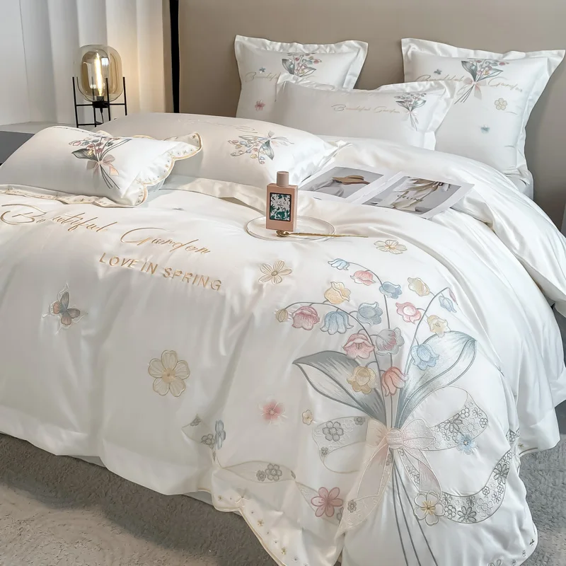 Luxury 100% Egyptian Cotton Chic Flowers Embroidery Princess Bedding Set 100% Cotton Duvet Cover Set Bed Sheet Set Pillowcases