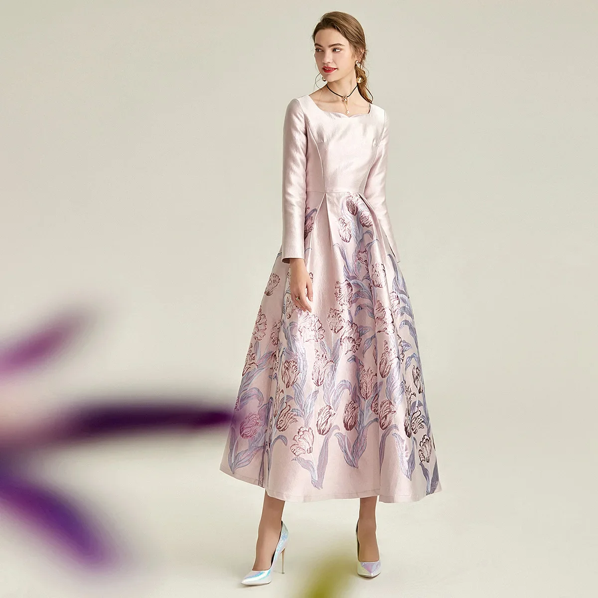 2025 New Spring Autumn Embroidery Jacquard Pink Formal Dress Elegant High Waist Long Sleeve Mopping Floor Rose Gold Women Dress