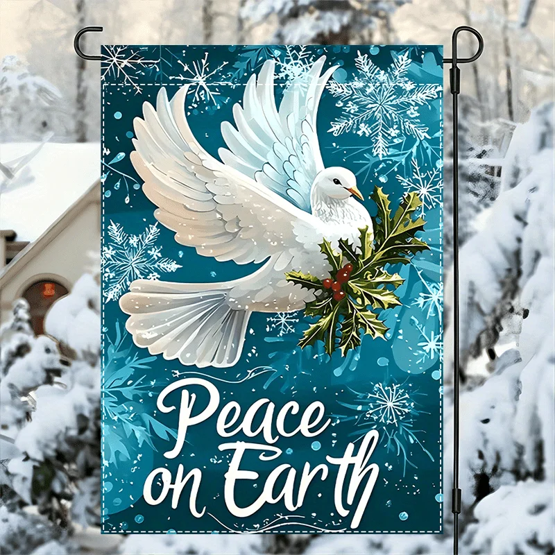 2D Flat, 1pc Winter Peace Dove Holly Garden Flag White Dove with Red berries Teal Snowflake Background Weatherproof