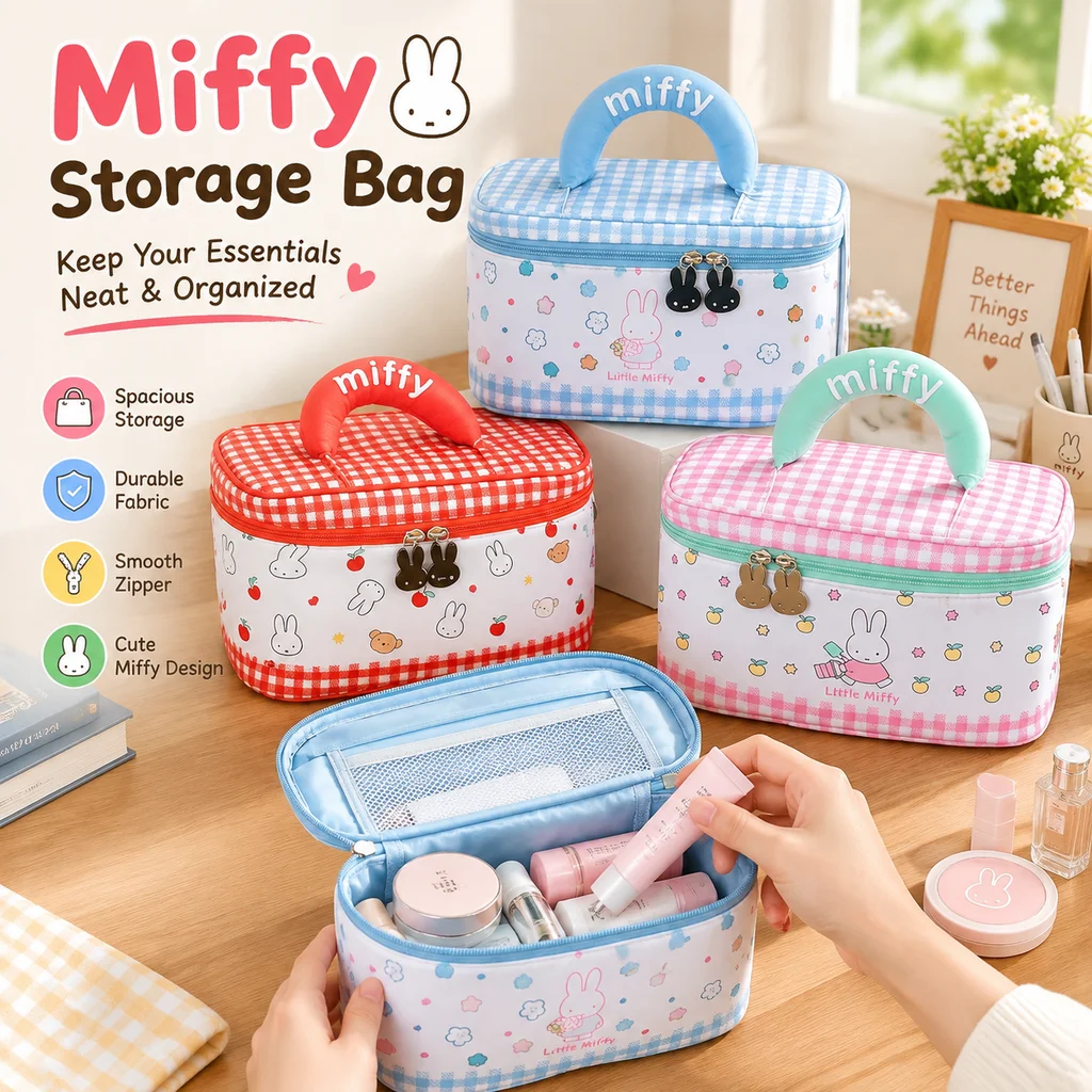Genuine Miffy Plaid Cosmetic Bag Large Capacity Travel Portable Makeup Organizer Cute Cartoon Handbag Storage Pouch for Women