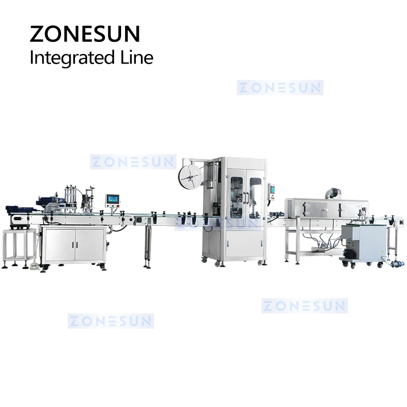 ZONESUN Automatic Liquid Filling Capping Sleeve Labeling Shrinking Production Line ZS-STB150R Juice Milk Essential Oil Packaging