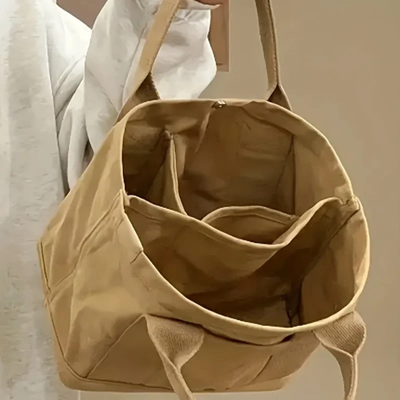 

Sac fourre-tout en toile multi-poches pour femme, couleur unie, grande capacité, pour café, camping, pique-nique