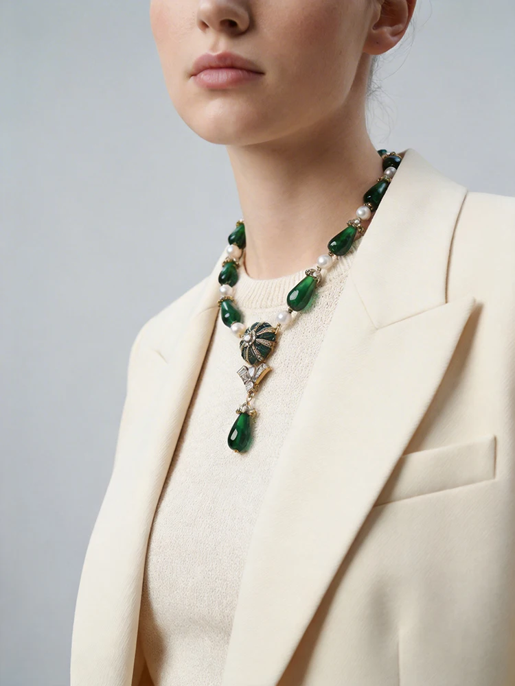 Vintage Court Style Waterdrop Green Bead Pearl Necklace, Antique Reproduction Luxury Choker for Evening Gown Matching Jewelry