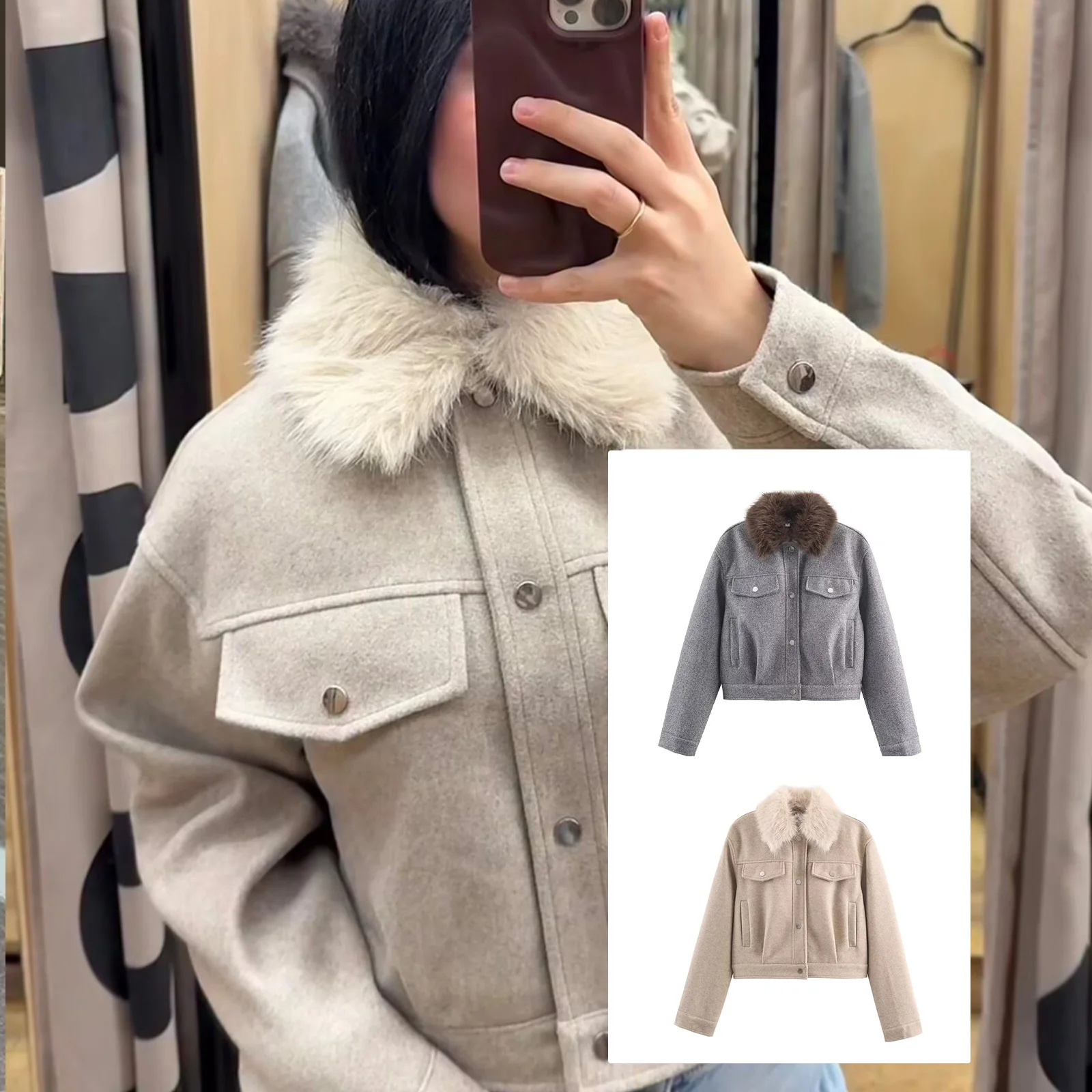 

HH женская осенняя куртка-бомбер с меховым воротником 2025 года, однотонное укороченное пальто цвета хаки с длинными рукавами, женская повседневная верхняя одежда, однобортные пальто