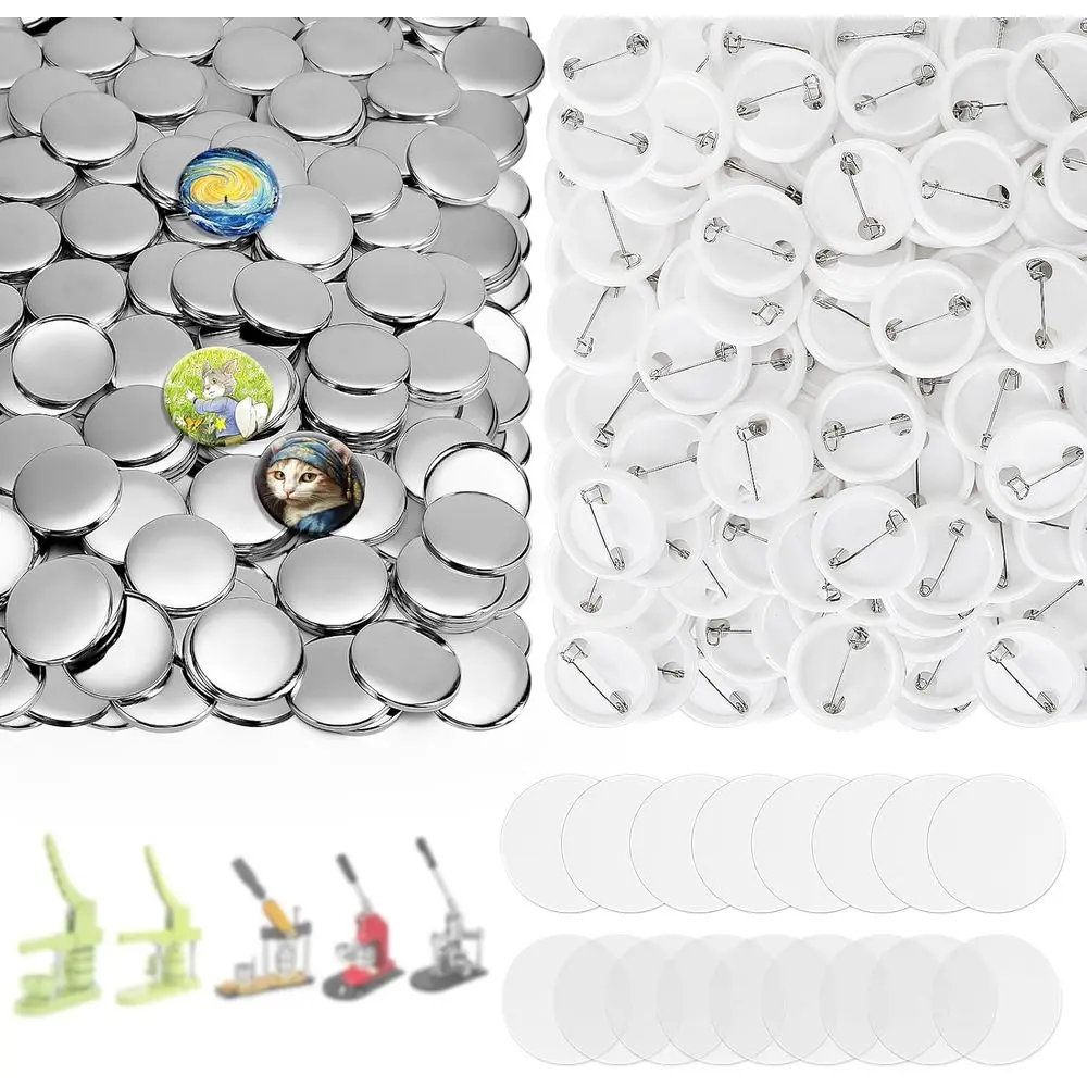 

200 Sets 1.25 Round Badge Supplies with Metal Covers, Plastic Pins, Clear Film & Blank Paper for Button Makers