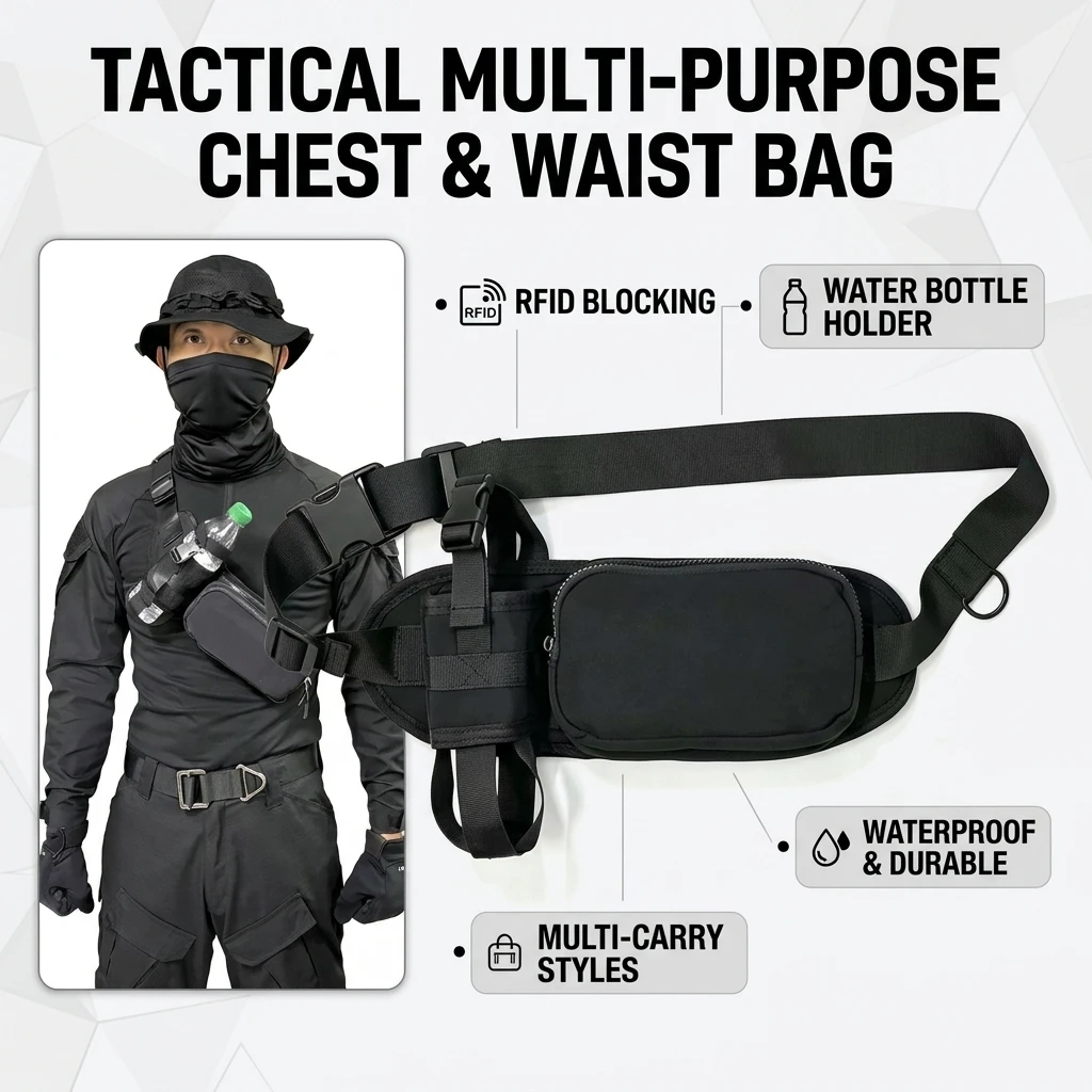 Tactical Water Bottle Waist Bag RFID Blocking Multi-Purpose Chest Pack Lightweight Phone Pouch for Hiking Cycling Running