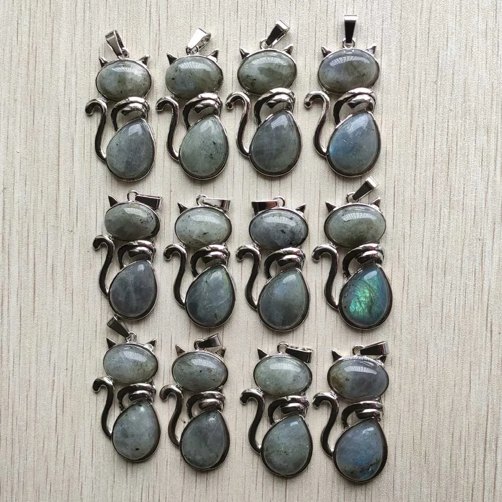 

Good quality natural Labradorite stone alloy cat pendants for necklaces jewelry making free shipping Wholesale 12pcs/lot