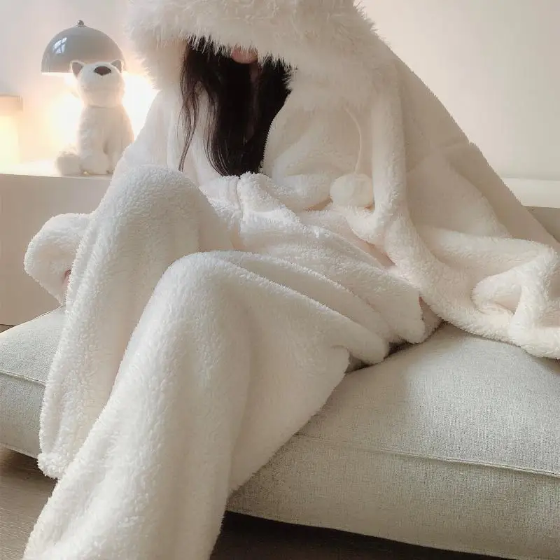 

Женский пижамный комплект из утолщенного кораллового флиса на флисовой подкладке, удобная домашняя одежда для сна, осенне-зимний, с капюшоном, милый, нежный, домашний костюм