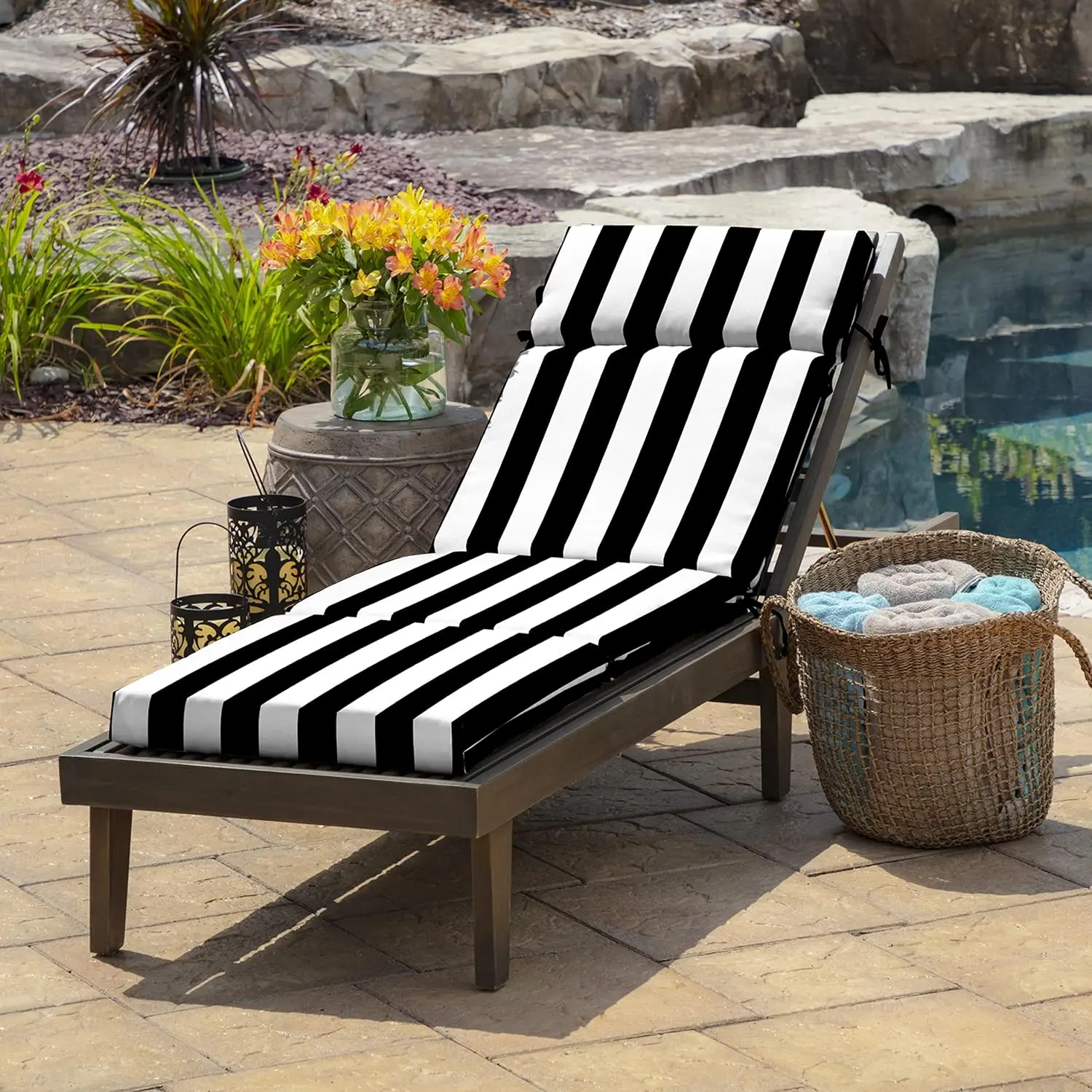 Arden Outdoor Chaise Cushion, 21 X 72, Rain-Proof, Fade Resistant 72 X 21, Black Cabana Stripe