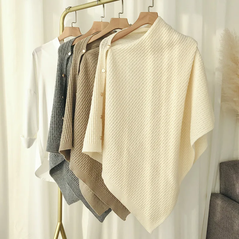 

New Spring Women's Knitted Scarf Shawls Knit Pashmina with Button Vest Solid Cashmere Shawl Wraps Bufandas Mujer Ponchos Cape