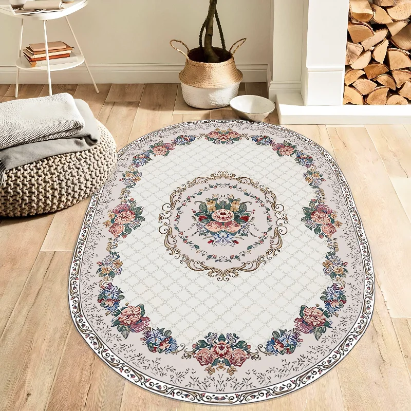 Living Room Bedroom Classic Floral Print Oval Carpets Sofa Coffee Table Elegantly Decorated Carpet Bathroom Porch Non-slip Rugs