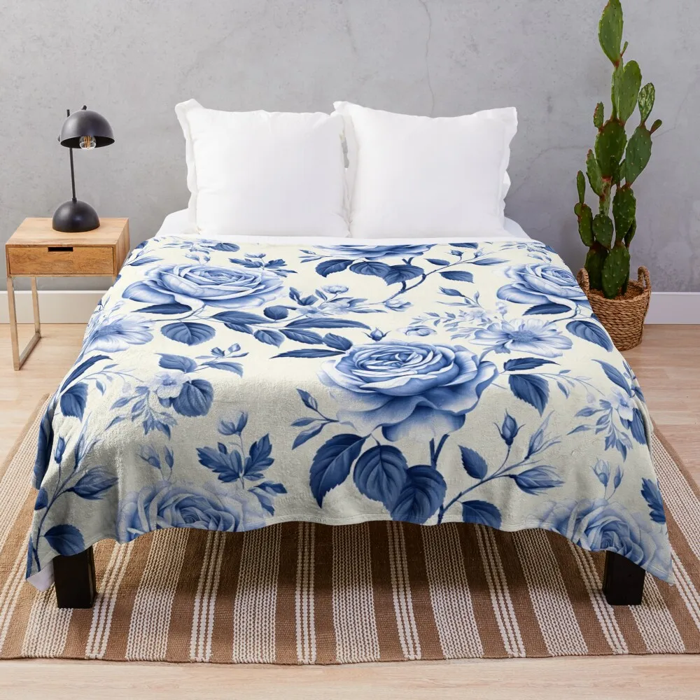 Blue Roses Cream Floral Pattern Throw Blanket Softest for winter Blankets