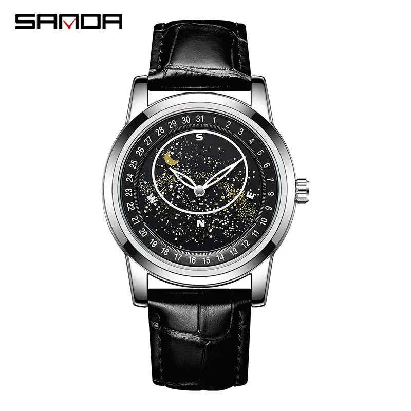 SANDA7002 Reloj de cuarzo para hombre con fase lunar y cielo estrellado, luminoso, resistente al agua, diseño de galaxia, reloj de ocio para negocios a la moda