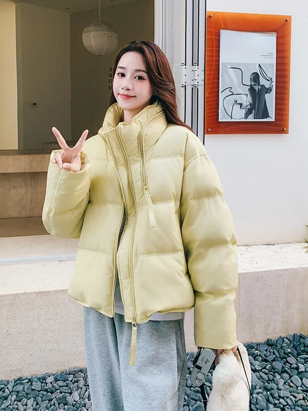 

Yellow Thiened Stand Collar Bread Sle down Jaet Women's Winter Faionable Warm ort Outerwear Casual Loose Fit