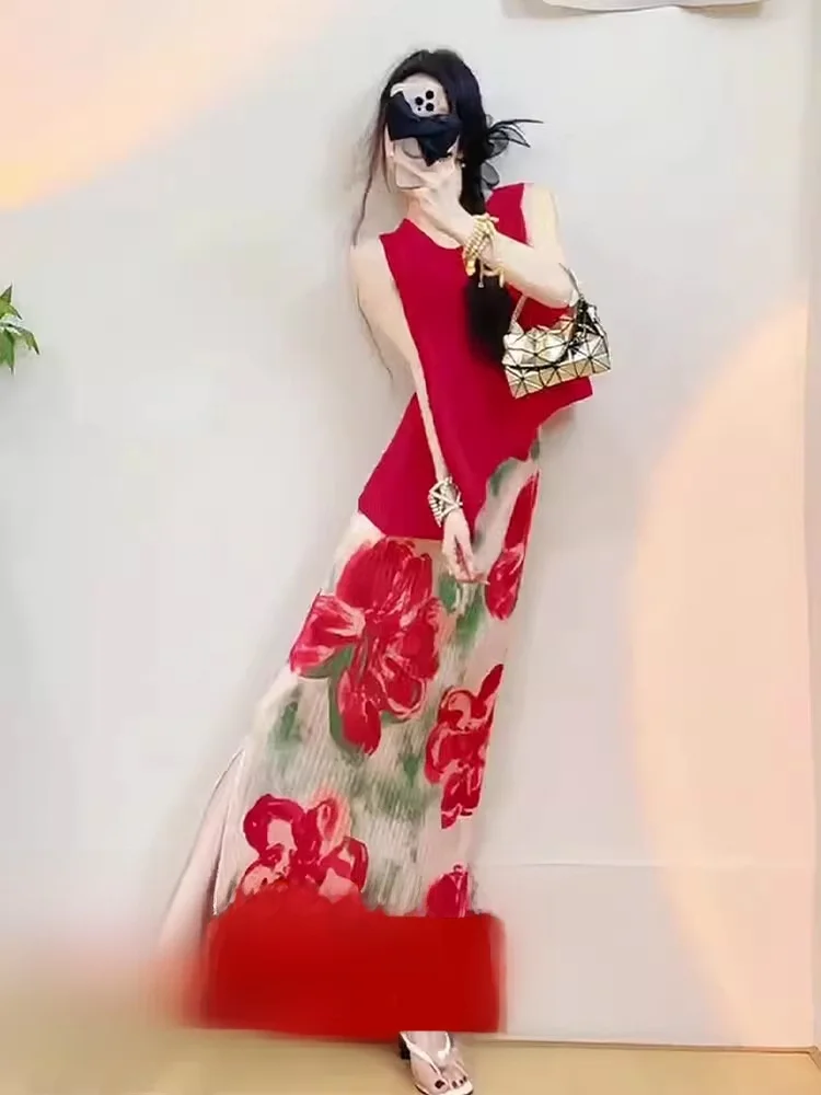 

Red Floral Print Halter Neck Midi Skirt Set Women's Fashion Summer Outfit with Ruffle Detail Breathable Polyester Blend