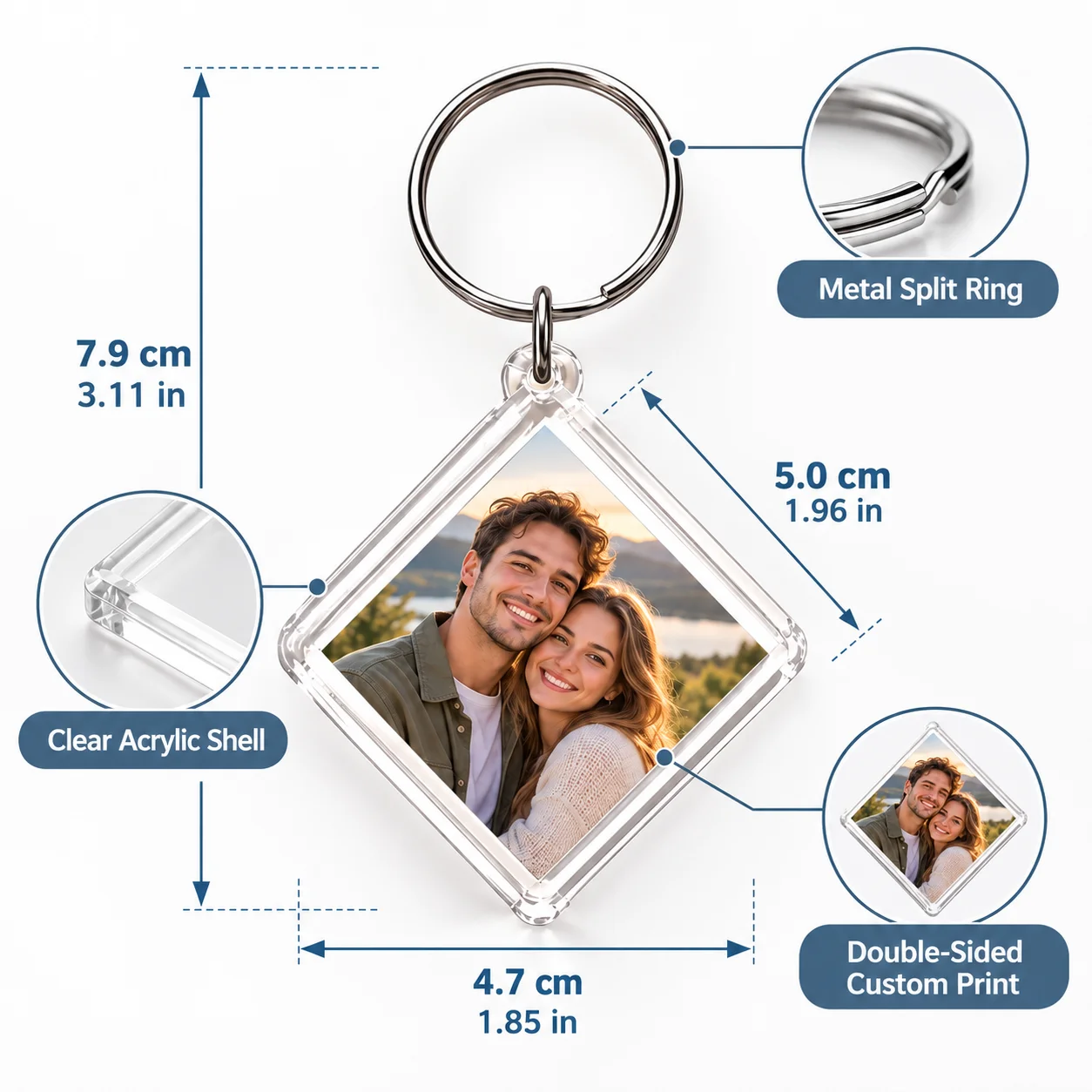 Custom Photo Keychain Personalized Acrylic Keychain Double Sided Diamond Clear Holder Metal Ring for Keys Bag Luggage Gift 1pc