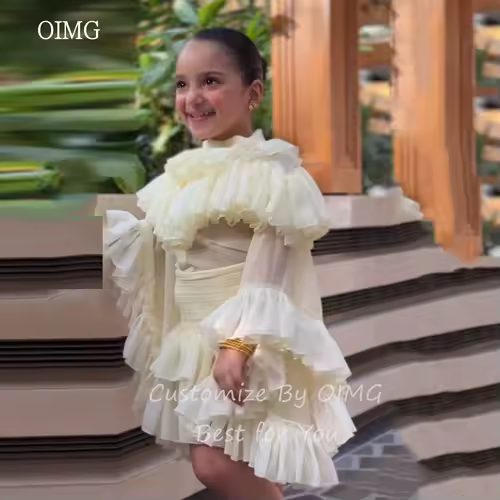 OIMG Light Yellow A Line Flower Girl Dresses High Neck Pleated Wedding Party Dress Knee Length Birthday Dress Customized - Image 4