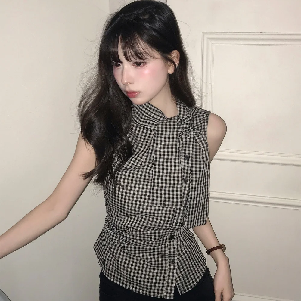 Summer Korean Style Vintage Casual Shirt Women's Sleeveless Single Breasted Plaid Vest Top Design Sense Chic Halter Neck Top