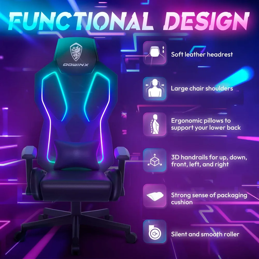 Silla de juegos RGB con luces LED, silla ergonómica de ordenador para adultos, silla reclinable, silla de videojuegos con Lumbar ajustable